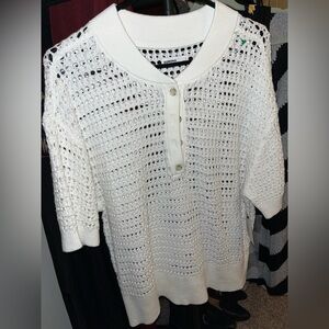 SONOMA White Open‑Knit Short‑Sleeve Henley Sweater Top — Lightweight Crochet
